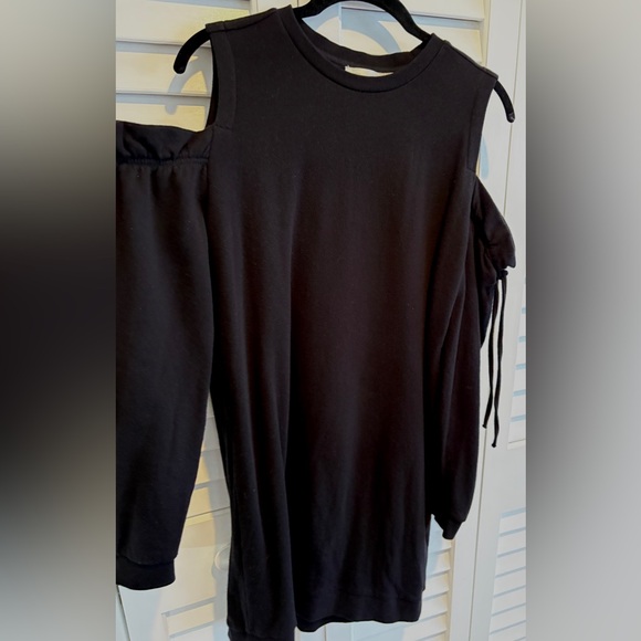 RD Style Tops - Black Cold Shoulder Mini Dress SweatKnit Ruffled Drawstring Long Sleeve S/M